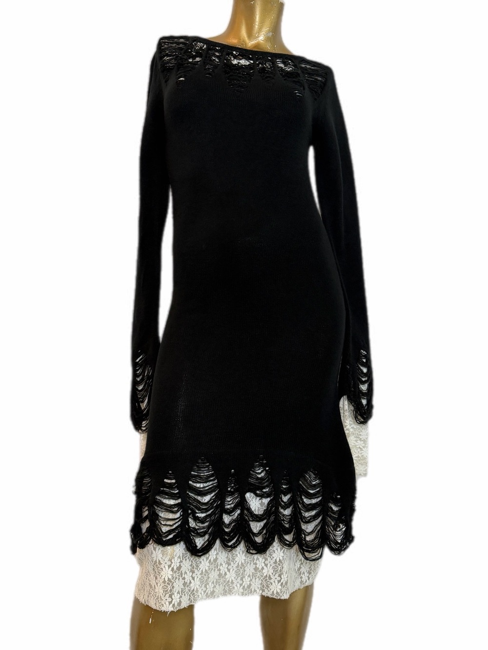 Killstar Black Acrylic lace trim Ladder knit Sweater Dress Goth Size S